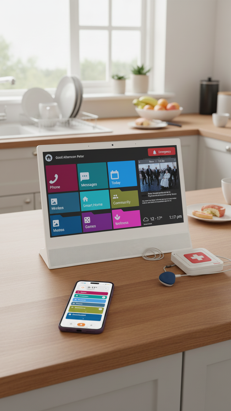 Lumin CareHub, Residents App and emergency device on a kitchen counter